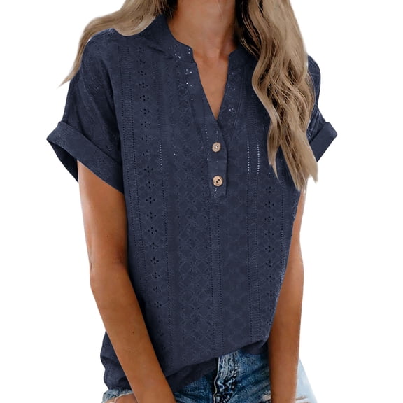 PNTUTB Women's Summer Casual Fashion Solid Color Openwork Loose Comfortable V Neck Button Short Sleeve T Shirt