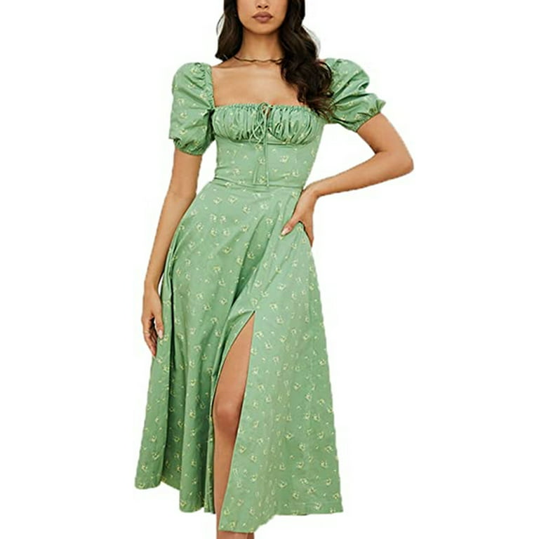 Women's Summer Puff Sleeve Floral Split Maxi Dress Flowy A Line