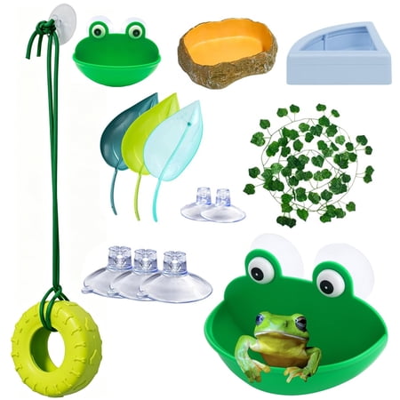 9 Pcs Tree Frog Habitat Kit,Frog Tank Accessories Set,Reptile Decorations for Terrarium,Tank Terrarium Accessories with Water Dish,Feeding Dish,Decorative Plants,Tire Swing for African Dwarf, Toad