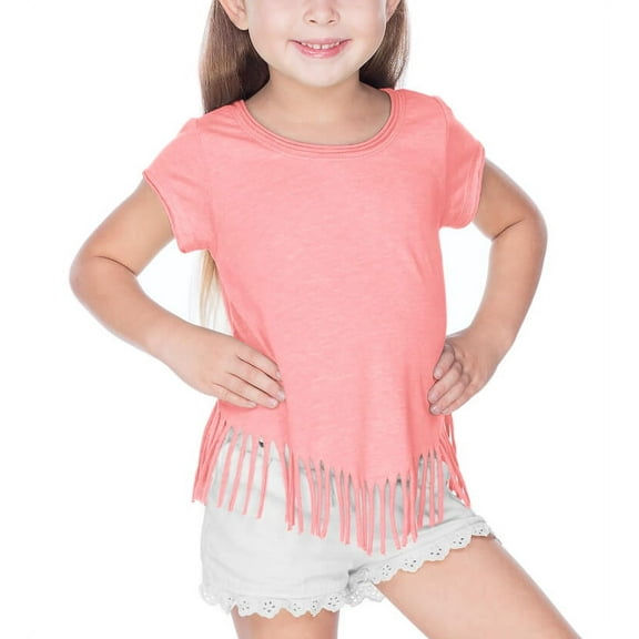 Kavio! Girls 3-6X Sheer Jersey Raw Edge V Fringe Short Sleeve Flamingo 5/6