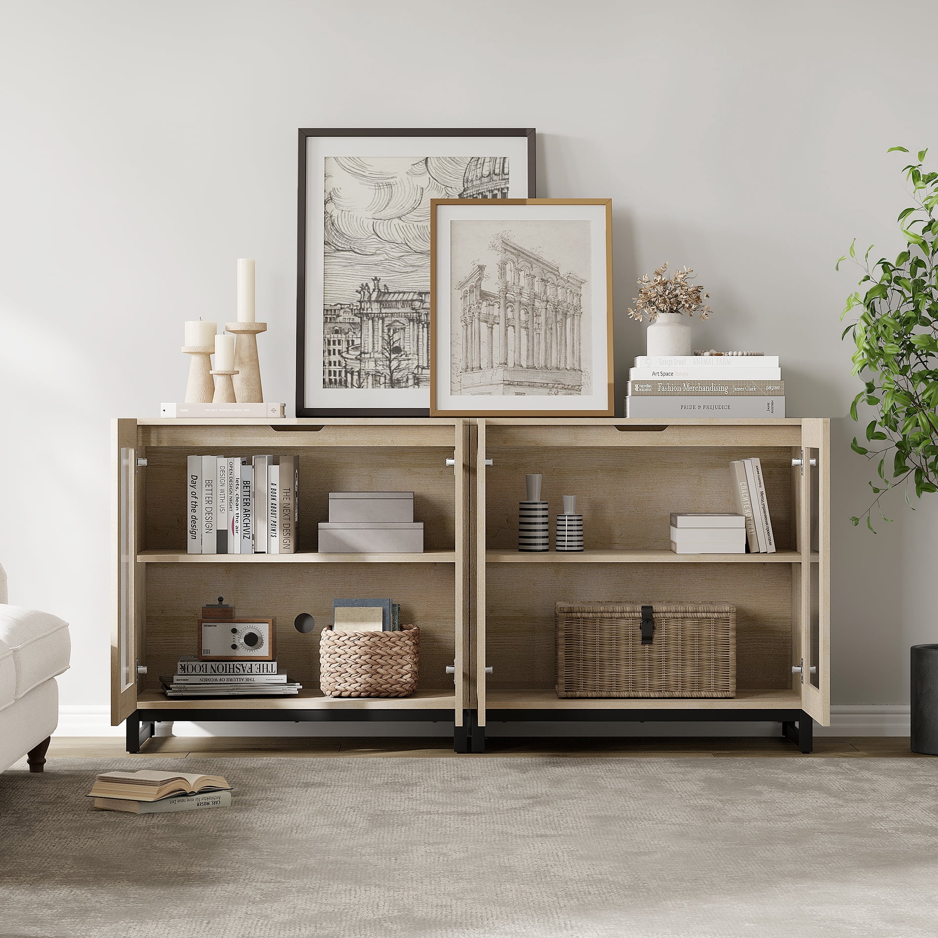 63 Inch Modern TV Stand with Glass Doors, Entertainment Center TV Console with Adjustable Shelves, Multi-Functional Media Cabinet for 32-70 Inch TVs, Ideal for Living Room,Beige