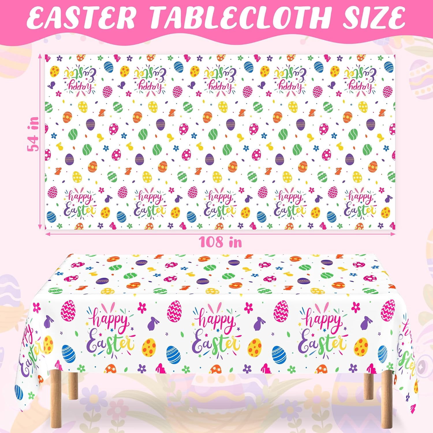 4 Pack Disposable Easter Tablecloth, 54 x 108 Inch Rectangular Easter Table Cloth, Spring Table Cloth with Colorful Eggs Floral Design, Happy Easter Tablecloths for Easter Decorations Holiday Decor