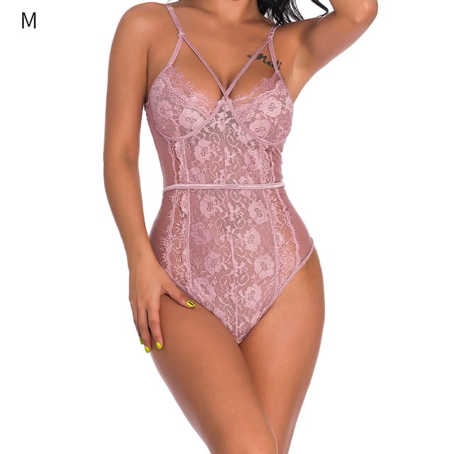 Conjunto de ropa interior sexy, mono de tela con pantalla de encaje, lencería sexy encantadora para mujeres adultas, rosa, M Noticed XX000038-09