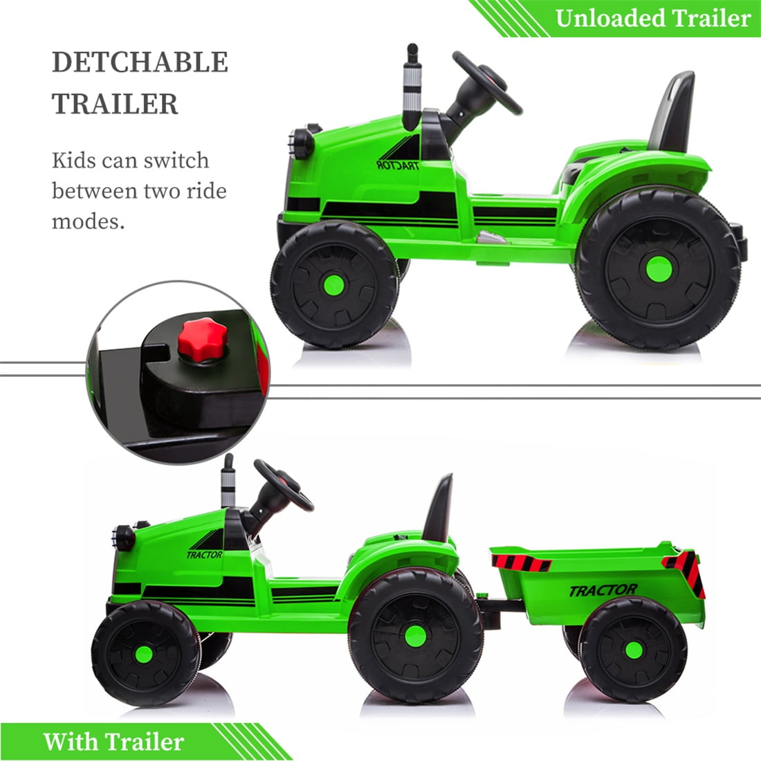 Ride on Tractor, Battery-Powered Toy Tractor with Trailer, 3-Gear-Shift Ground Loader Ride On with LED Lights and USB&Bluetooth, Green Ride on Tractor, Battery-Powered Toy Tractor with Trailer, 3-Gear-Shift Ground Loader Ride On with LED Lights and USB&Bluetooth, Green