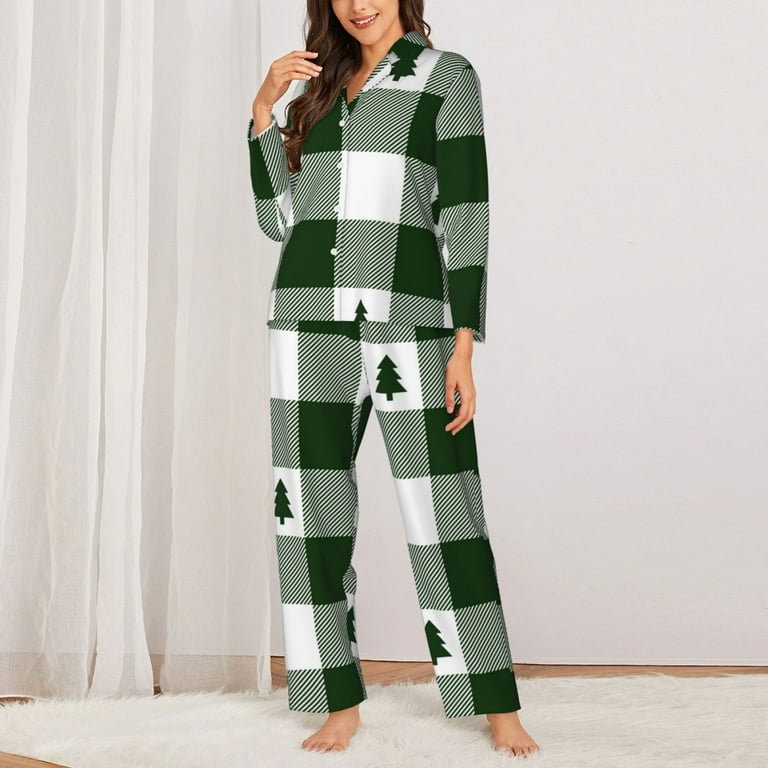 Junzan Green White Lumberjack Plaid Print Womens Pajama Sets,Long Sleeve  Button Down For Women Pjs 2 Piece