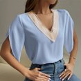 thumbnail image 4 of Blusa con manga de pétalo Top Guipur Encaje Cuello en V Blusa de manga corta con pétalos para verano Primavera Azul XL, 4 of 8
