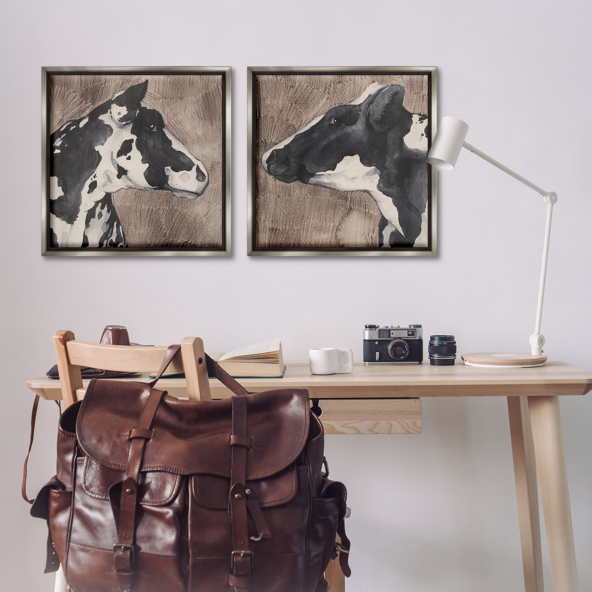 Stupell Industries Holstein Cow Portrait Profile Animals Painting Gray Floater Framed Canvas Art Print Wall Art, 25 x 25, Set of 2