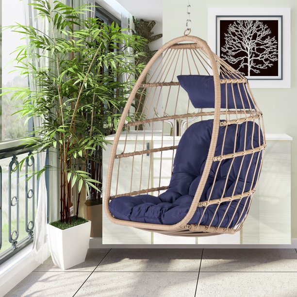Hanging Egg Chair, Patio Wicker Hammock Chair with Hanging Chains