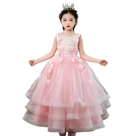 

Flower Girls Pageant Dresses for Wedding Pearl Mesh Puffy Dress Kids First Communion Prom Ball Gown