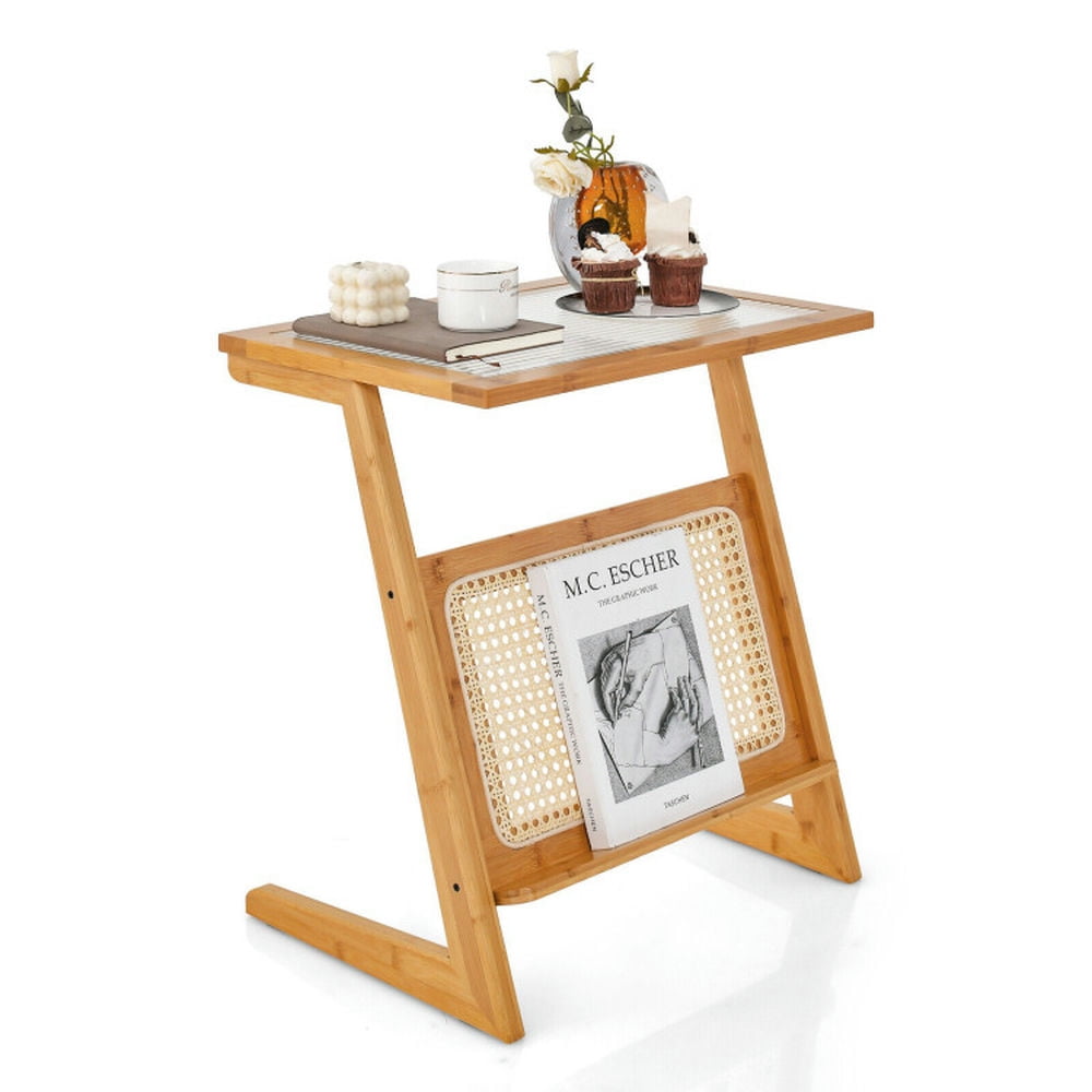 Finihen End Table, Z-shaped End Table with Magazine Rack and Rattan Shelf, Sofa Side Table, Bed Side Table, for Living Room, Bedroom, Natural Finihen End Table, Z-shaped End Table with Magazine Rack and Rattan Shelf, Sofa Side Table, Bed Side Table, for Living Room, Bedroom, Natural