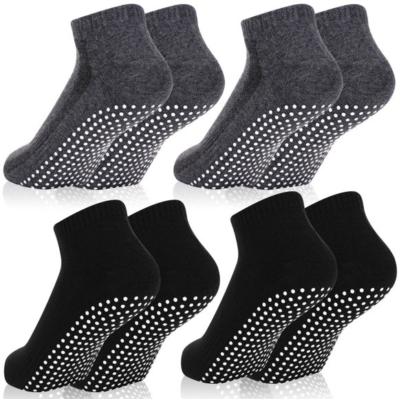 4 Pairs Non Slip Grip Socks Anti Slip Socks with Cushion Full Toe Ankle Fall Prevention Grip Socks Non Skid Socks for Yoga Pilates Dance Ballet Men Women(Black dark gray)