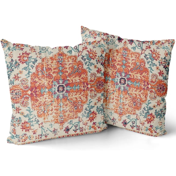 Orange Blue Boho Pillow Covers 16X16 Inch Bohemian Carpet Vintage Decorative Couch Pillow Cases Set of 2 Ethnic Rust Coral Floral Throw Pillows Home Decor for Living Room Bedroom Bed Cushion Outdoor