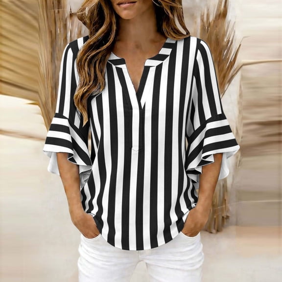Women's Casual Loose Linen Striped V-Neck Three-Quarter Sleeve Ruffled Top