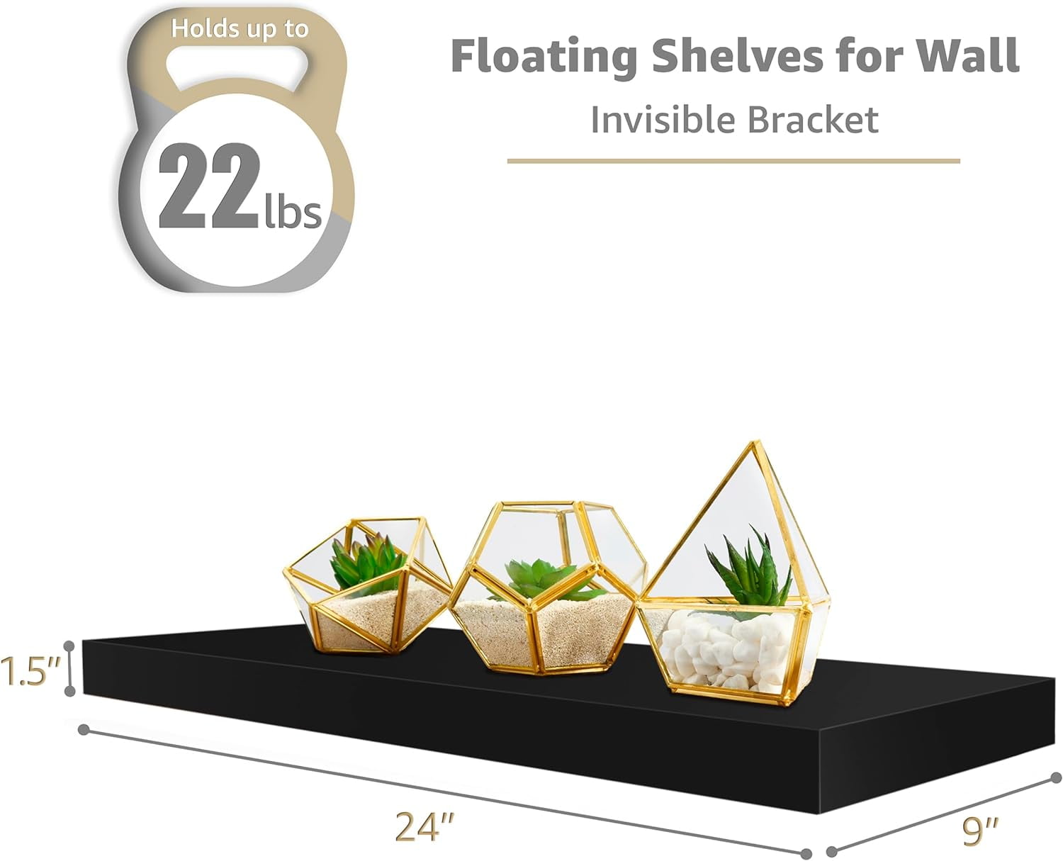 CHTER Floating Shelves for Wall - 24" Bathroom Shelves, Wall Decor for Bedroom, Kitchen, Living Room, Home Decor & Book Storage - Mounted Floating Shelf with Invisible Brackets (Black, 2 Pack)