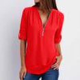 thumbnail image 1 of Chemises à Manches Courtes pour Femmes Hauts d'Été Tendance 2023 Chemises d'Été à Manches Longues Zip Tunique Décontractée Blouse Roulable Col en V, 1 of 6