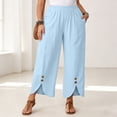 thumbnail image 2 of Thousandth Women's Cotton Linen Pants Casual Summer Elastic Waist Wide Leg Loose Fit Palazzo Pants Cropped Trousers with Button Decor and Slit Hem Daily Wear, 2 of 7