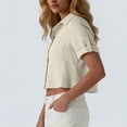 thumbnail image 4 of Htigea Womens Linen Crop Tops Summer Short Sleeve Gauze Shirts Collared Button Down Casual Tees with Pocket Khaki XL, 4 of 7