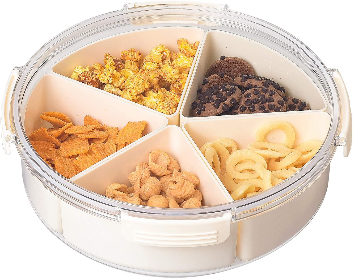 Round Plastic Divided Serving Tray with Lids, 5 Individual Dishes Food Storage Containers, Vegetarian Candy Snack Party Appetizer Tray for Snack