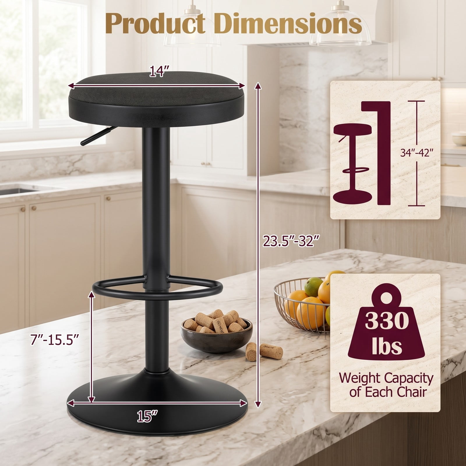 Furnibear Set of 2 Adjustable Bar Stools, 360 Swivel Kitchen Counter Height Stools with Padded Fabric Seat, D-Shaped Footrest and Non-Slip Base, 330 lb Capacity, Black