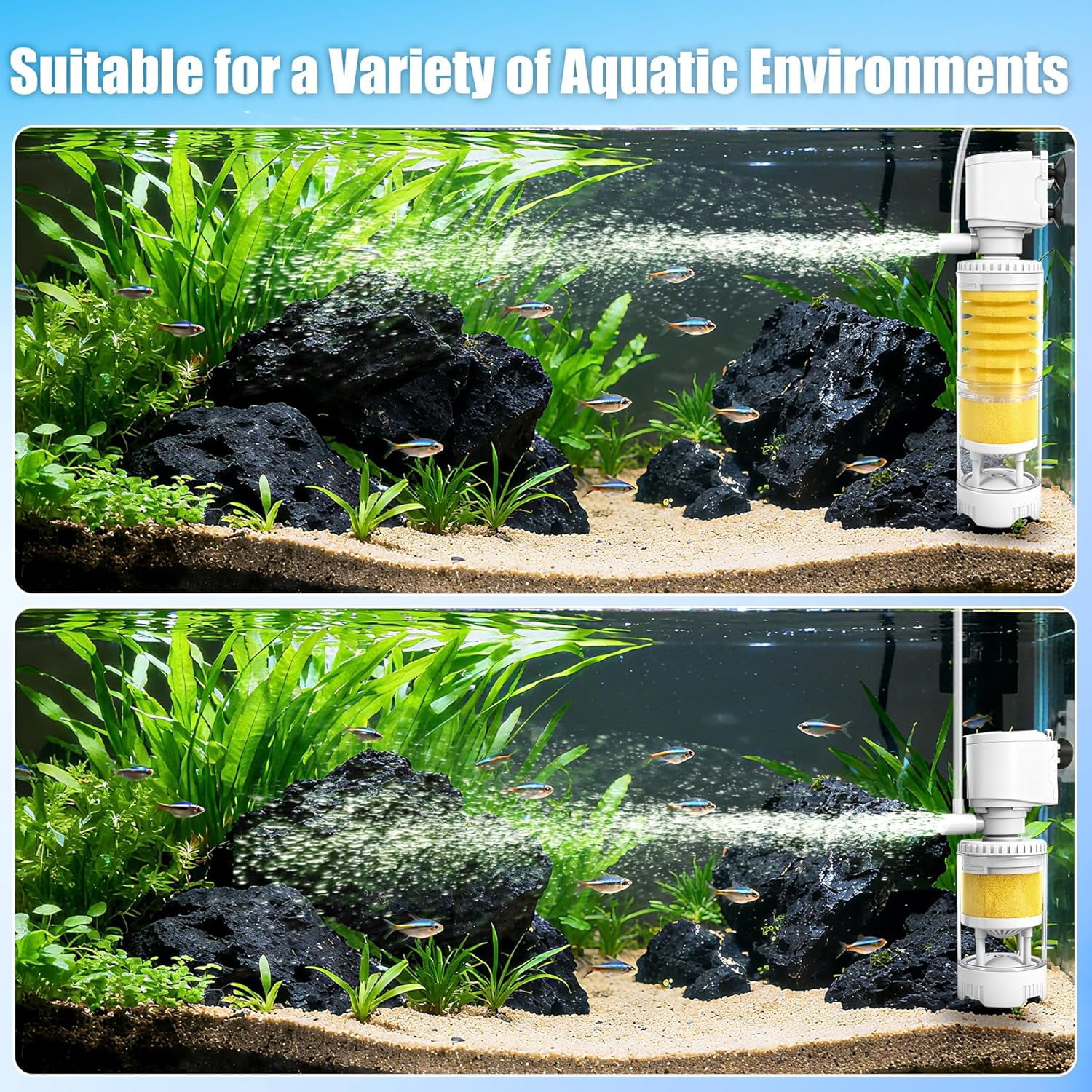 Fish Tank Filters for 10-20 Gallon Tank, 4-in-1 Aquarium Filter with Multi-Layer Filtration, Adjustable Oxygenation & Wavemaker, Impurity Separation