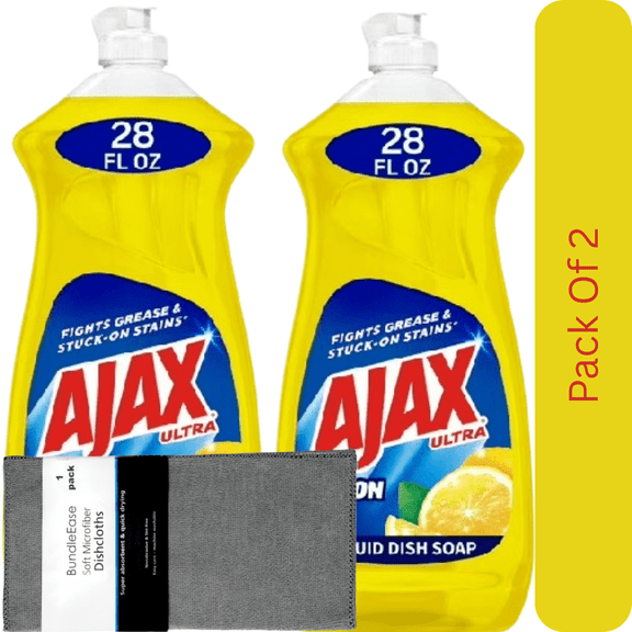 Ajax Ultra Liquid Dish Soap, Lemon Fragrance, Super Degreaser, 28 fl oz with Microfiber Solid Color Dishcloth by BundleEase