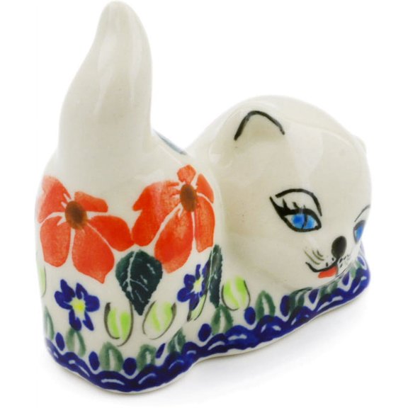 Polish Pottery 3¼-inch Cat Figurine (Grecian Fields Theme) Hand Painted in Boleslawiec, Poland Certificate of Authenticity