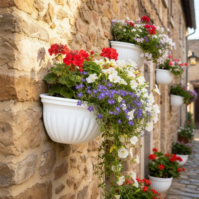 weibbin Rattan-Textured Semi-Circular Wall-Mounted Plastic Flower Pot Home Decor Flower Pot