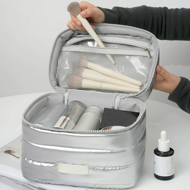Bolsa de cosméticos de gran capacidad - Organizador de maquillaje de viaje - Material de tela suave - 23x16,5x15,5cm - Negro, Rosa, Plata