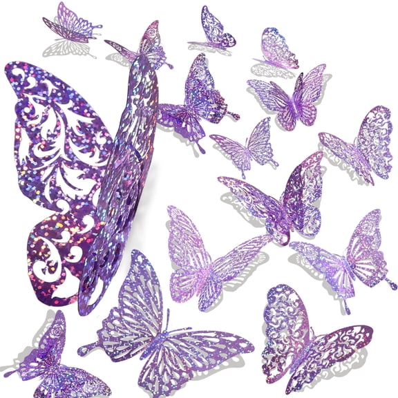 60 Pcs Purple 3D Metallic Butterfly Wall Decor, 5 Styles 3 Sizes Iridescent Butterfly Stickers for Birthday, Baby Shower, Cake, Party & Room Decorations