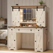 Farmhouse Makeup Vanity Desk with Lighted Hollywood Mirror and Storage for Bedroom,Large Vanity Desk with Charging Station, Dressing Table with Shelves & 3 Drawers & 2 Cabinets, Lights Adjustable