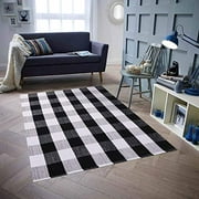 Homcomoda Cotton Plaid Checkered Area Rug 5'X7' Hand Braided Floor Rug Runner Washable Carpet for Living Room(Plaid-Black and White)