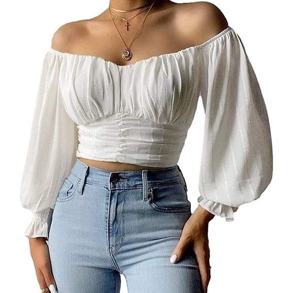 Womens Elegant Off The Shoulder Puff Sleeve Blouse Summer Chiffon Slim Fit Party Crop Top