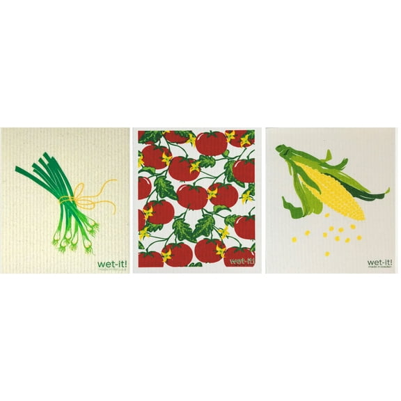 Wet-It! Swedish Treasures Dishcloth & Cleaning Cloth - Set of 3: Spring Onion, Tomatoes and Corn (Paper Towel Replacement)