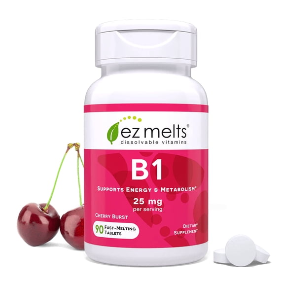 EZ Melts Dissolvable Vitamin B1 25 mg - Thiamin Supplement for Energy, Stress & Cellular Support - No Artificial Flavors - Non-GMO & Vegan - Cherry Burst - 90 Dissolvable Tablets (45 Servings)