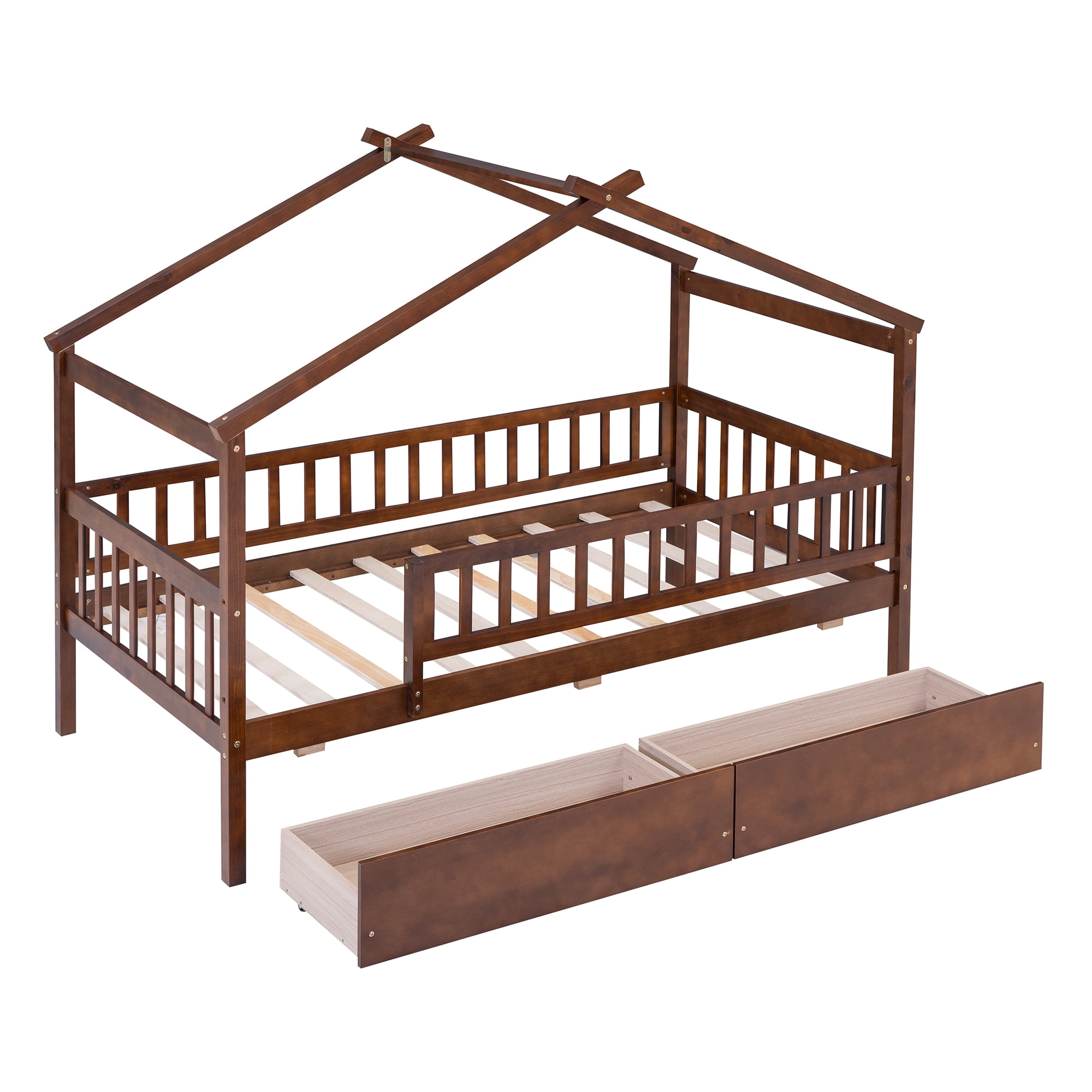 Holaki Twin Size House Bed with Storage Drawers for Kids, Walnut