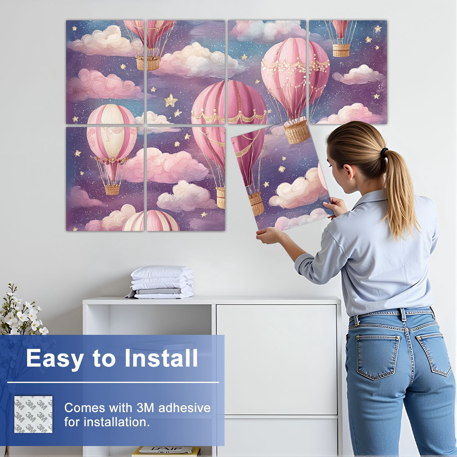 8 Pack Art Acoustic Panels Whimsical Pink Hot Air Balloons Floating Starry Sky Clouds Self Adhesive Sound Absorbing Panels for Home Office Studio Media Room 48"x32"