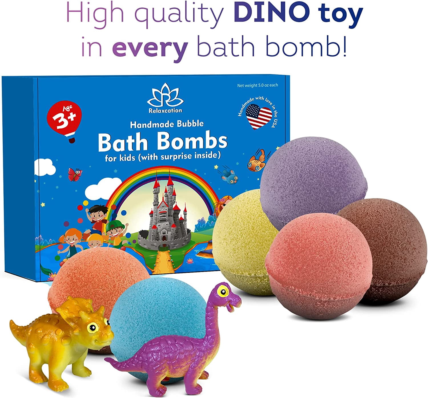 Bath Bombs for Kids with Surprise Inside Funny Dinosaurs Dino Toys Handmade in USA Natural and Safe by Relaxcation 6 Set