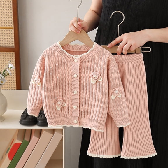 SONGGE Girls Knit Sweater Outfit Sets 2 Piece Casual Winter Fall Spring Toddler Kids Comfortable Handmade Floral Design Cartoon Boho Clothes Sets