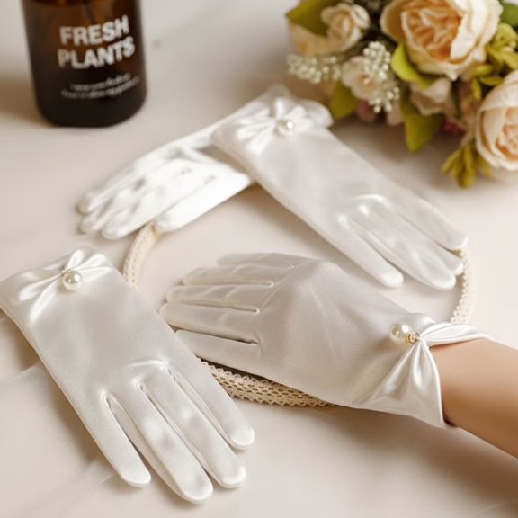 2 Pairs White Satin Gloves with Pearl Bow, Elegant Wrist-Length Formal Gloves for Weddings, Bridal & Party Events