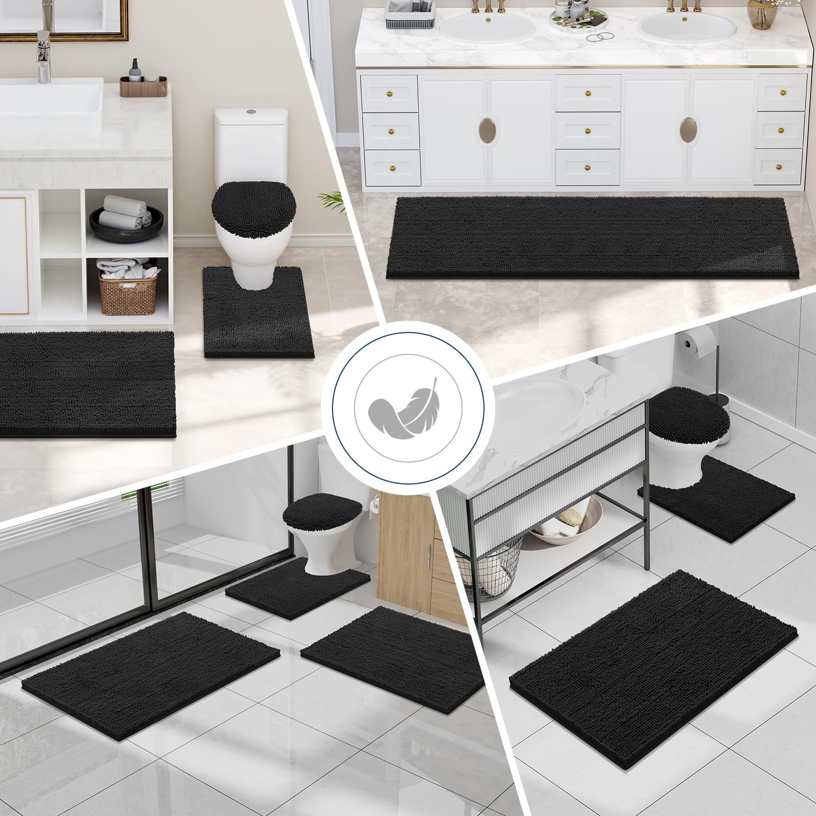 Smiry Bathroom Rugs Sets 2 Piece, Soft Absorbent Chenille Bath Rug Set, Non Slip Machine Washable Shaggy Bath Mats for Tub, Shower, and Floor (30x20+24x16, Black)