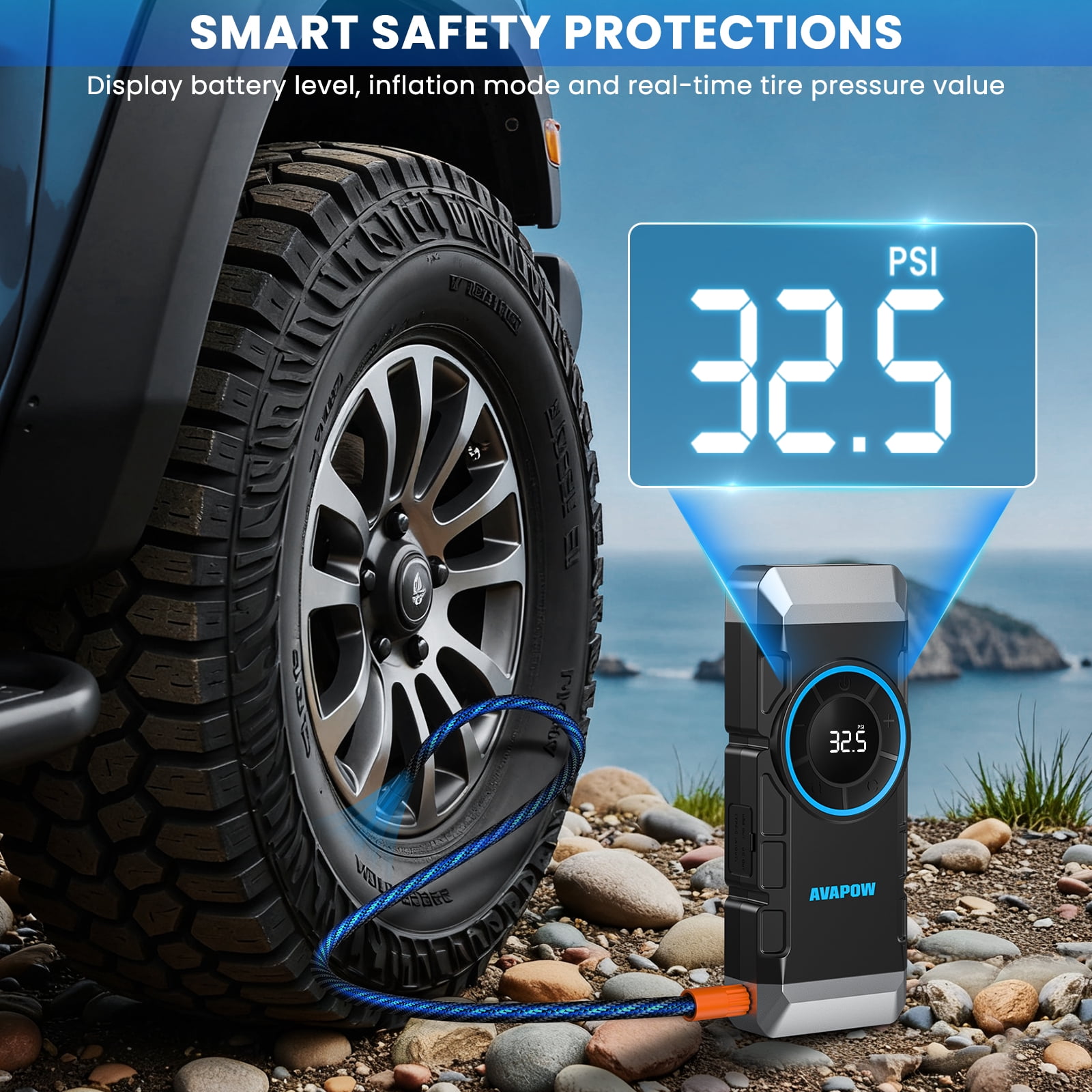 AVAPOW 6000A Jump Starter with Air Compressor, 150 PSI Tire Inflator, Car Battery Booster for All Gas and up to 12.0L Diesel Engines