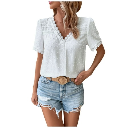 

QWANG 2023 Womens Fashion Casual V Neck Lace Fashion Short Sleeve Corset Polka Dot Chiffon Fashion Casual Top