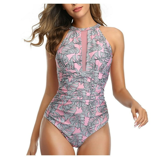 Best Friend Gifts Women One Piece High Neck V-Neckline Tankini Mesh Ruched Monokini Swimwear