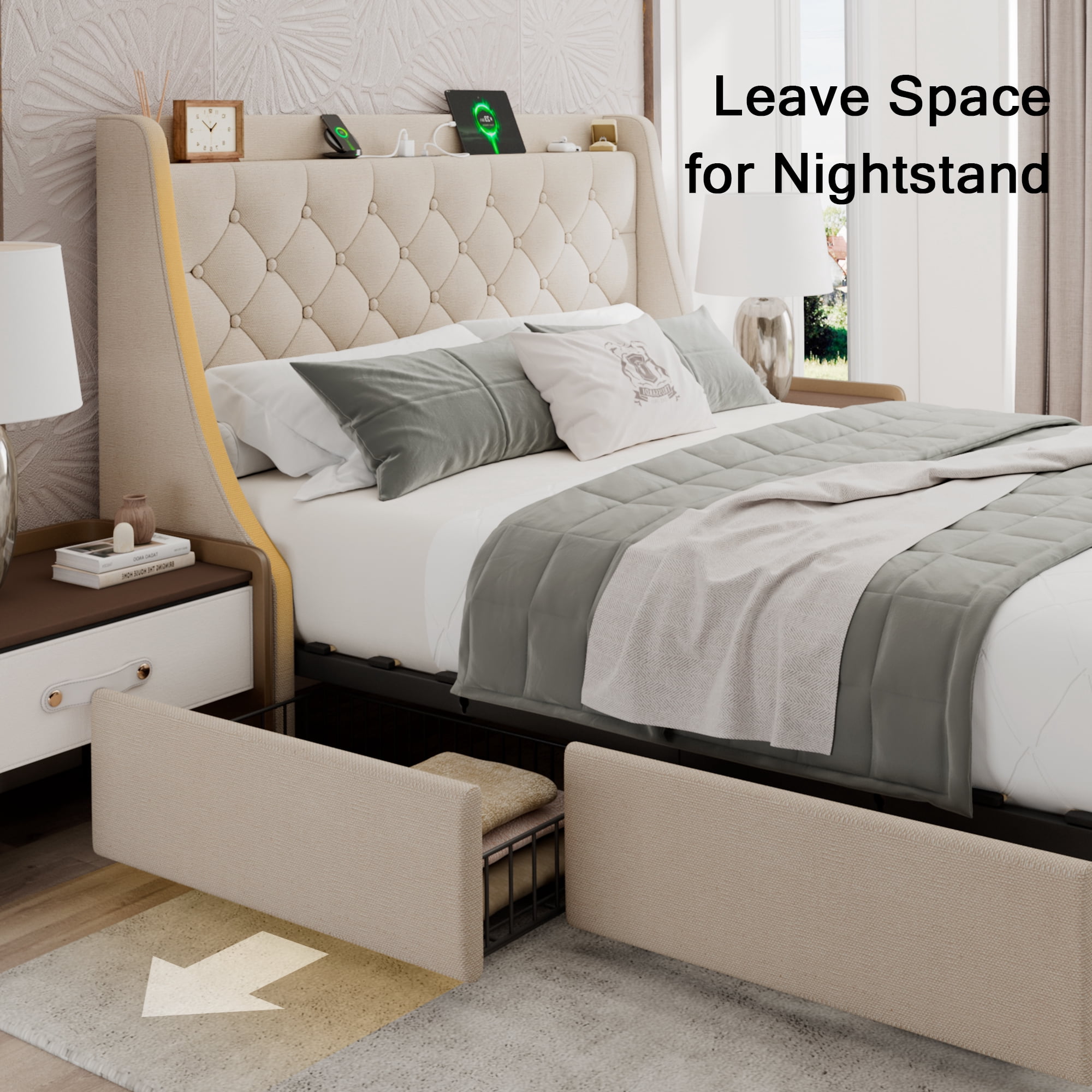 Honfach Queen Bed Frame with 4 Storage Drawers, Upholstered Storage Bed with Charging Station, Wingback Storage Headboard, No Box Spring Needed,Beige