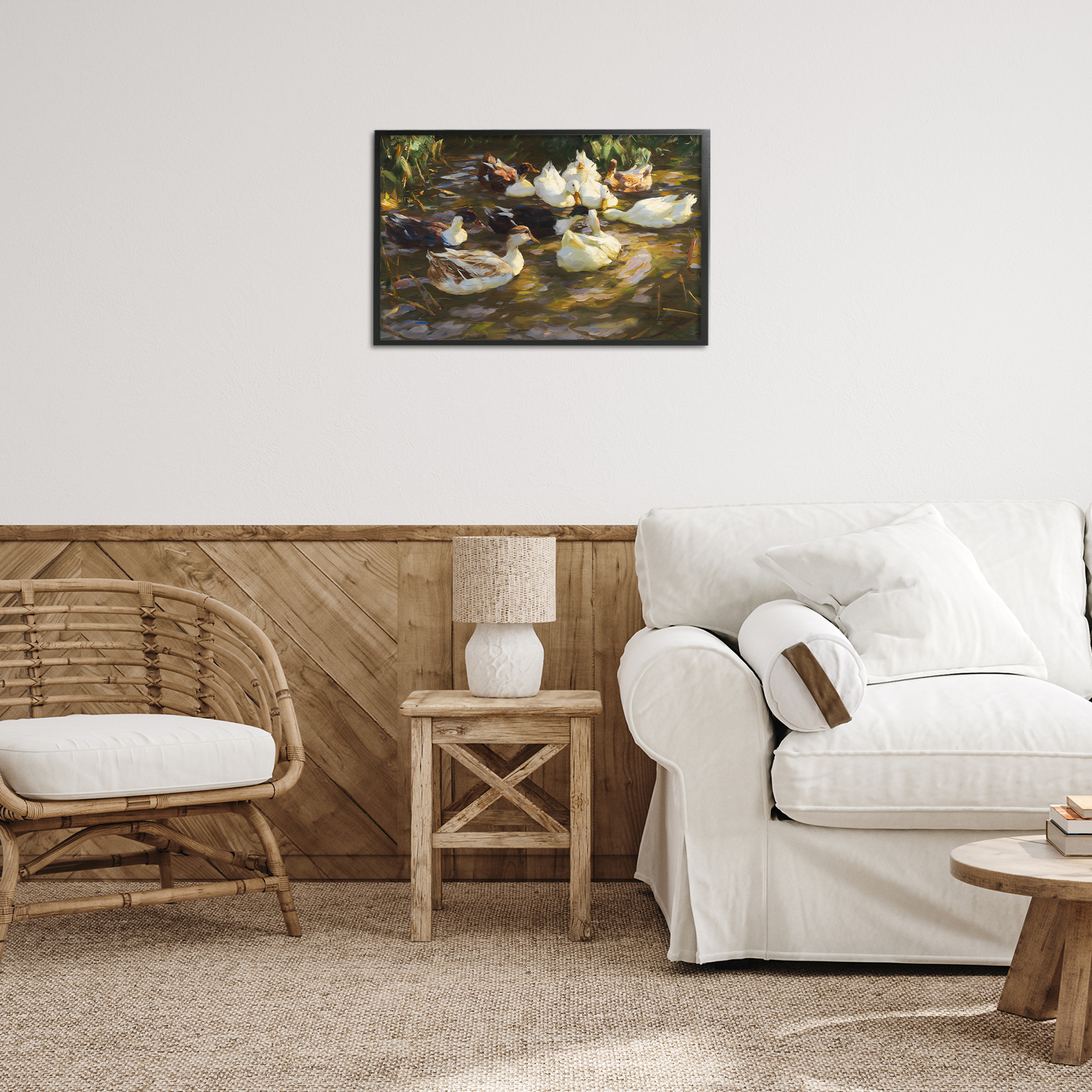 Stupell Industries Ducks in Flowing River Landscape Painting Black Framed Art Print Wall Art, 24 x 16