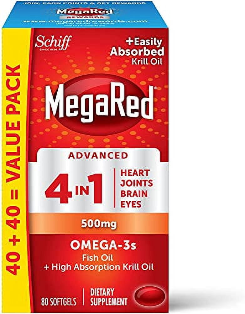 Omega 3 Fish Oil & Antarctic Krill Oil Softgels for Brain, Heart, Joints & Eye Support, MegaRed (80 Count Bottle), Concentrated Omega 3 Fatty Acid Supplement with EPA, DHA, Phospholipids- 3 Pack