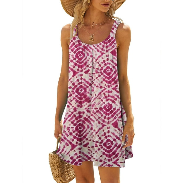 Weiqiqre Robes d'Été Printemps 2024 pour Femmes, Robes de Plage Femmes Élégantes Hawaïennes Tropicales Imprimées Sans Manches Mini Robe d'Été Ample Confortable Boho Robe d'Été