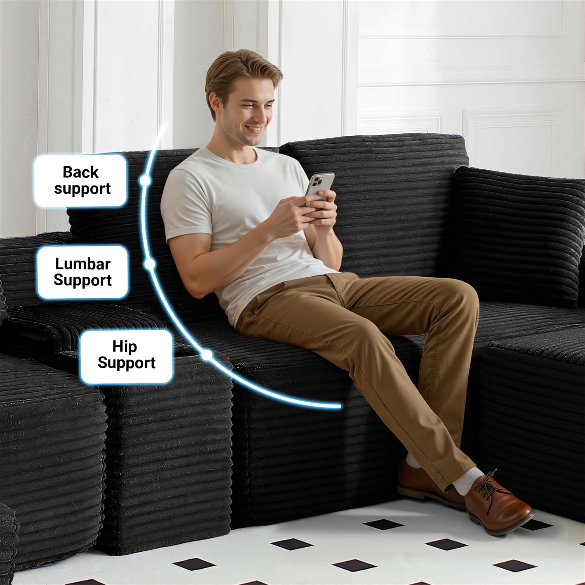 Aukfa 111" Cloud Sectional Sofa Deep Seat Boneless Couch with USB&Cupholdes Storage Console, Modular L-Shaped Couch for Living Room, Corduroy, Black
