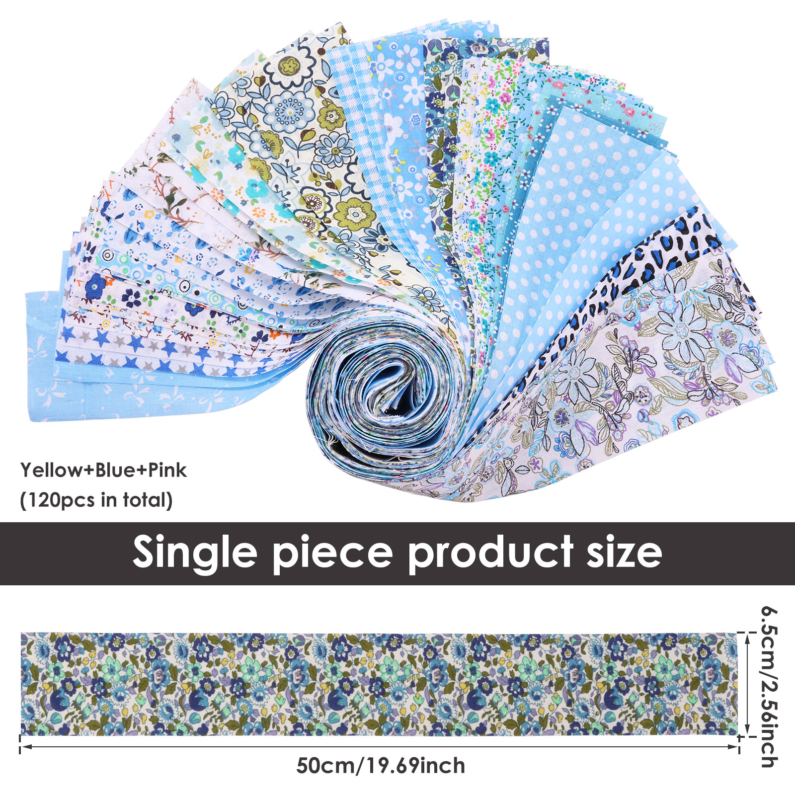 120Pcs Cotton Quilting Fabric Soft Colorful Printed Sewing Fabric Multipurpose Pre Cut Strips for DIY Handmade Crafting,6.5*50cm