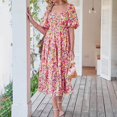 thumbnail image 4 of Femmes Plage Midi Robe Florale Imprimé Puff Manches Mode Été Plissée Robe, 4 of 7